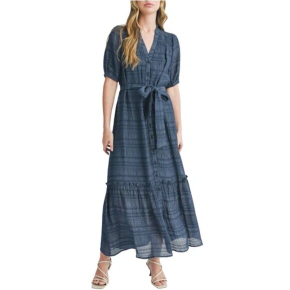 Mila Mae Textured Maxi Shirtdress In Navy P6089 - Picture 1 of 9